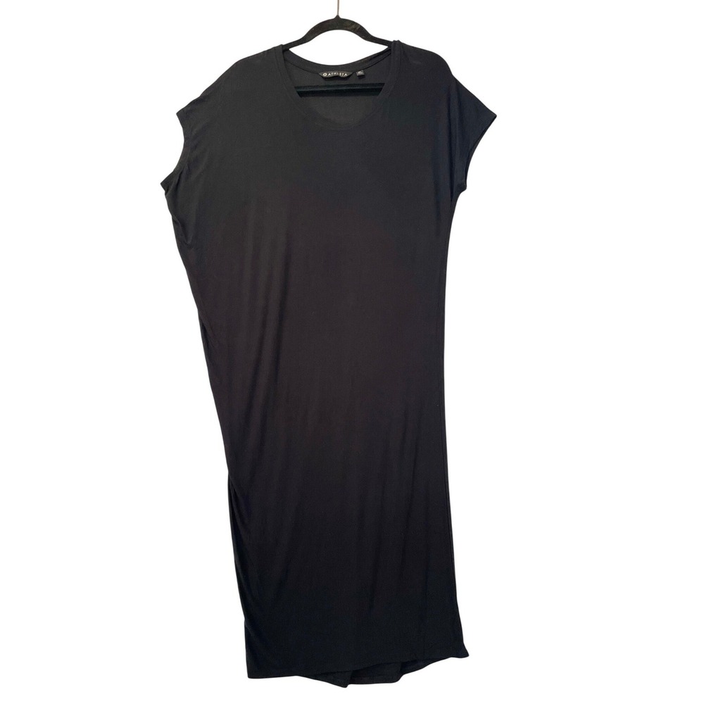 Athleta Maxi Dress Womens Small Tall Black Modal Spandex Asymmetrical Cap Sleeve - Picture 8 of 10